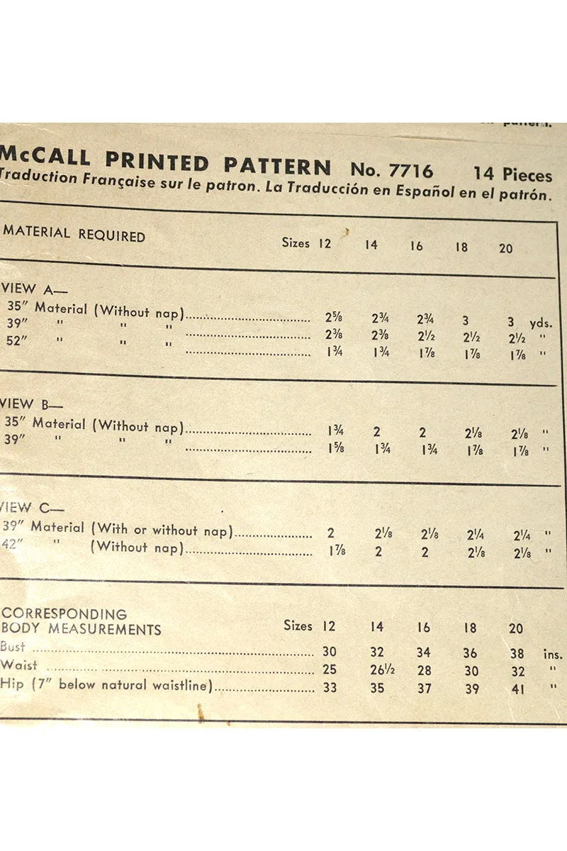 1949 McCall 7716 Vintage Sewing Pattern for 1940s Blouses