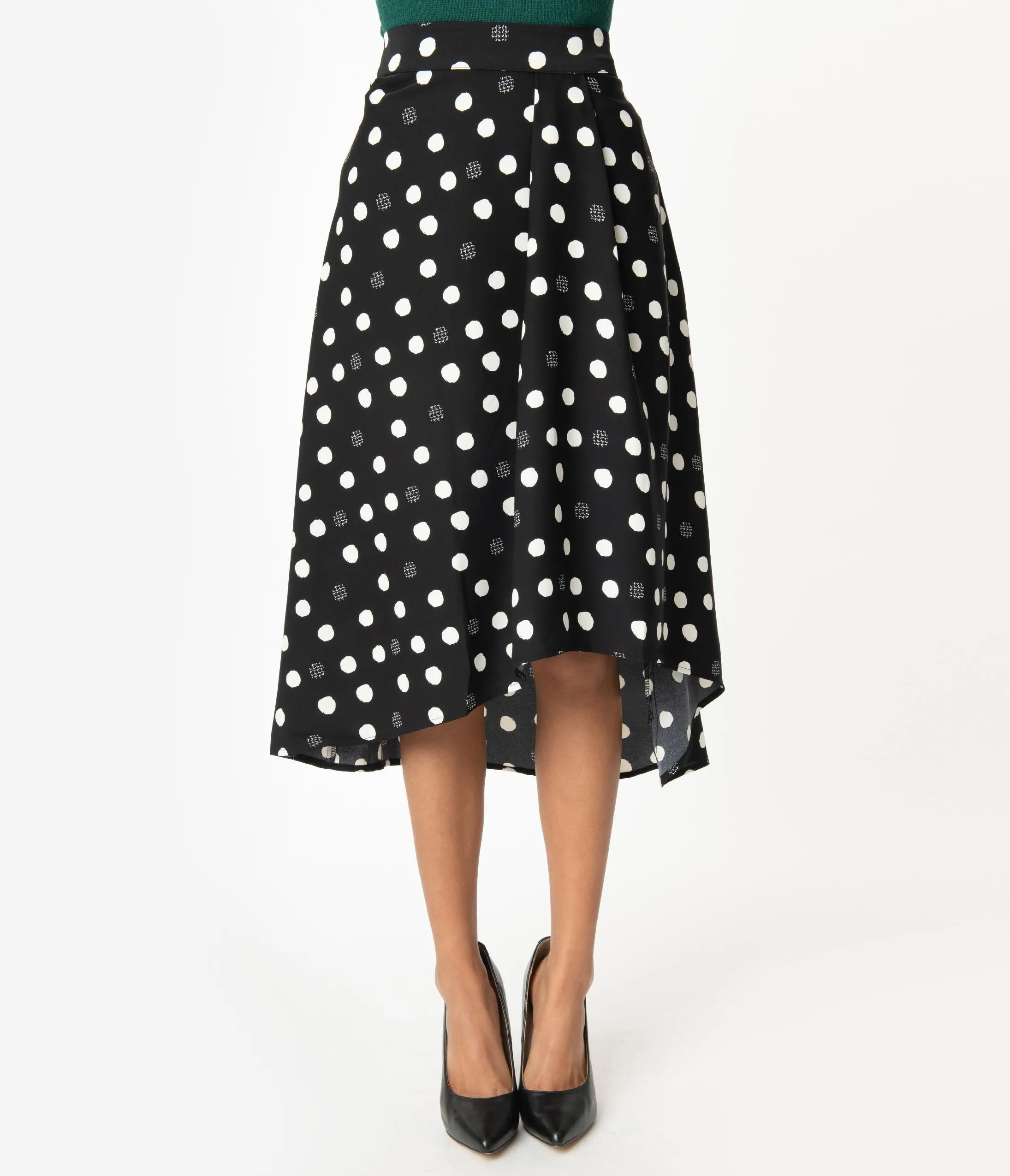 1950s Style Black & White Polka Dot High-low Swing Skirt