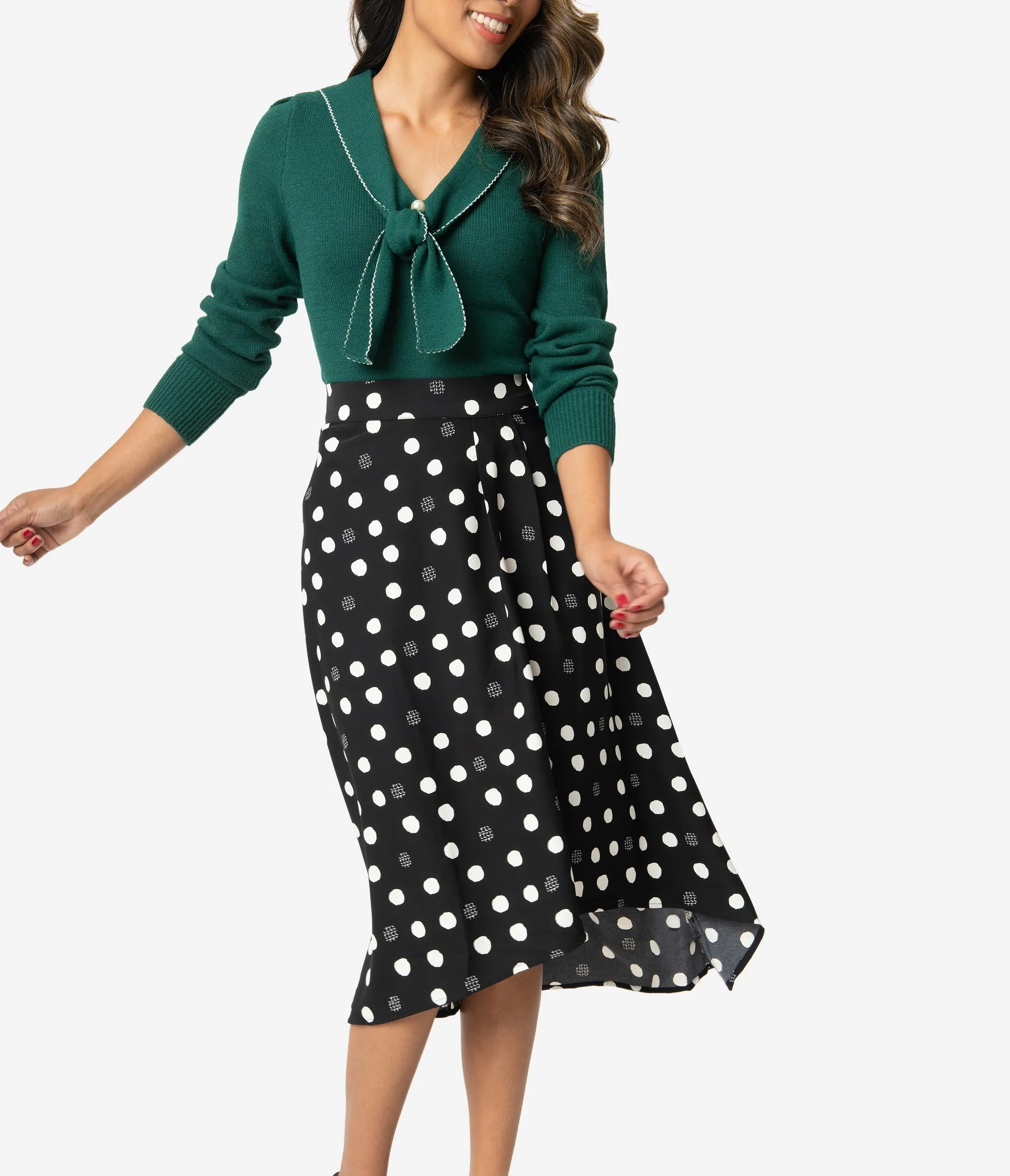 1950s Style Black & White Polka Dot High-low Swing Skirt