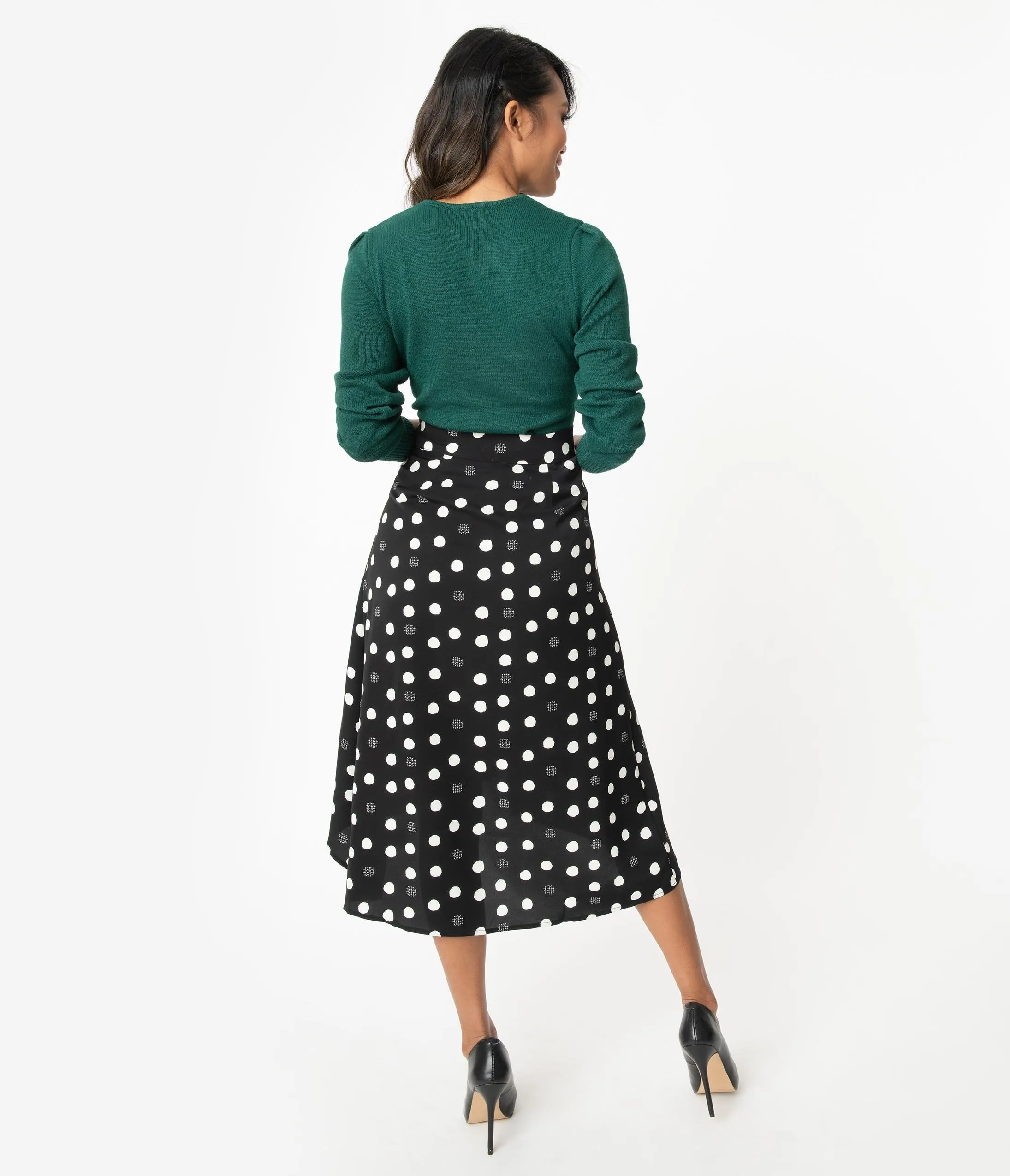 1950s Style Black & White Polka Dot High-low Swing Skirt