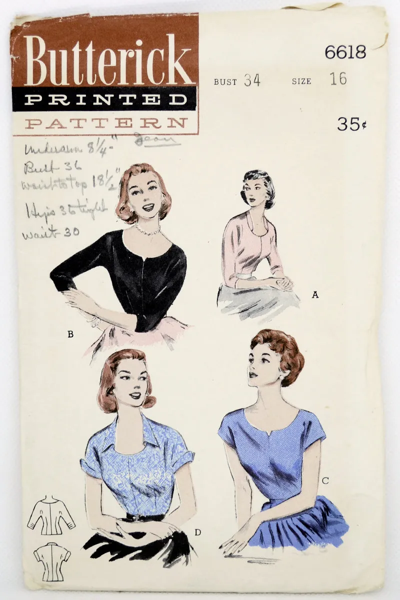 1953 Butterick 6618 Vintage Blouse Sewing Pattern