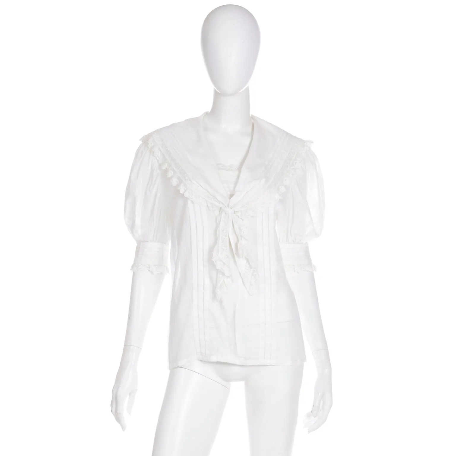 1980s Laura Ashley White Sailor Style Blouse w Lace Trim & Puff Sleeves