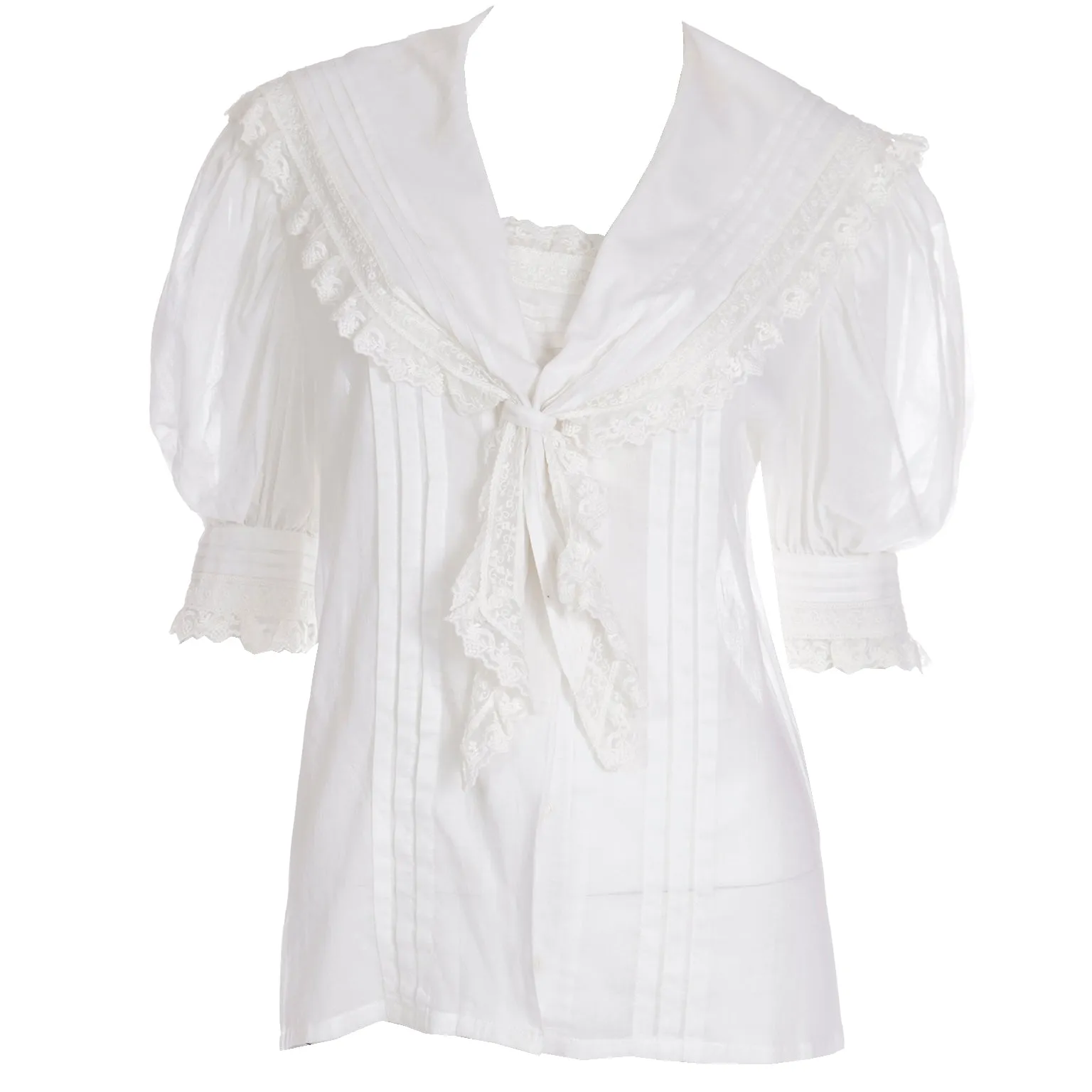 1980s Laura Ashley White Sailor Style Blouse w Lace Trim & Puff Sleeves