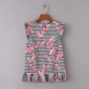 2018 women vintage vestidos striped crane printed pleated blouses shirt brand sleeveless o neck femininas blusas slim top LS1309