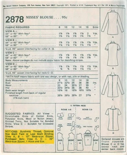 70s FAB Blouse Top Pattern McCALLS 2878 Five Style Versions Easy To Sew Bust 32 Vintage Sewing Pattern UNCUT