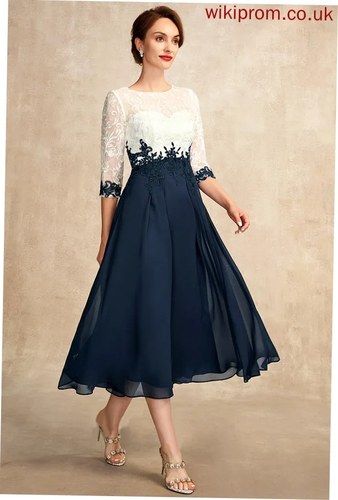 A-Line Dress Chiffon Helen of Mother Mother of the Bride Dresses Scoop Lace Neck Tea-Length Bride the