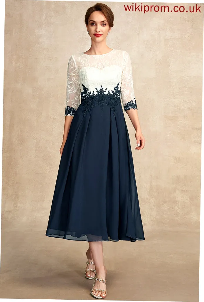 A-Line Dress Chiffon Helen of Mother Mother of the Bride Dresses Scoop Lace Neck Tea-Length Bride the