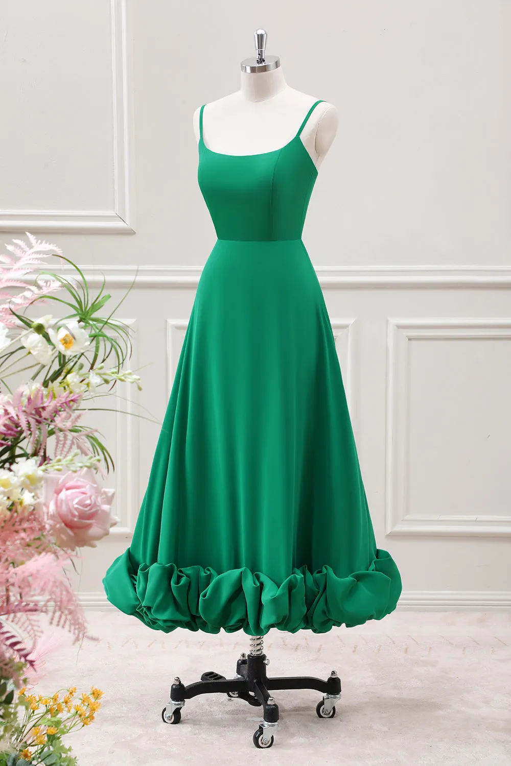 A Line Spaghetti Straps Green Tea Length Dress