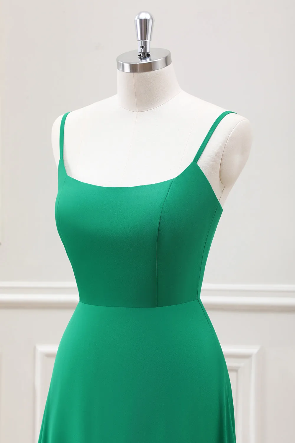 A Line Spaghetti Straps Green Tea Length Dress