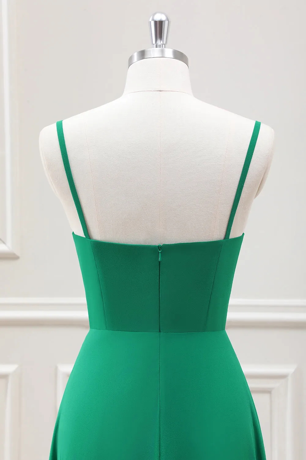 A Line Spaghetti Straps Green Tea Length Dress