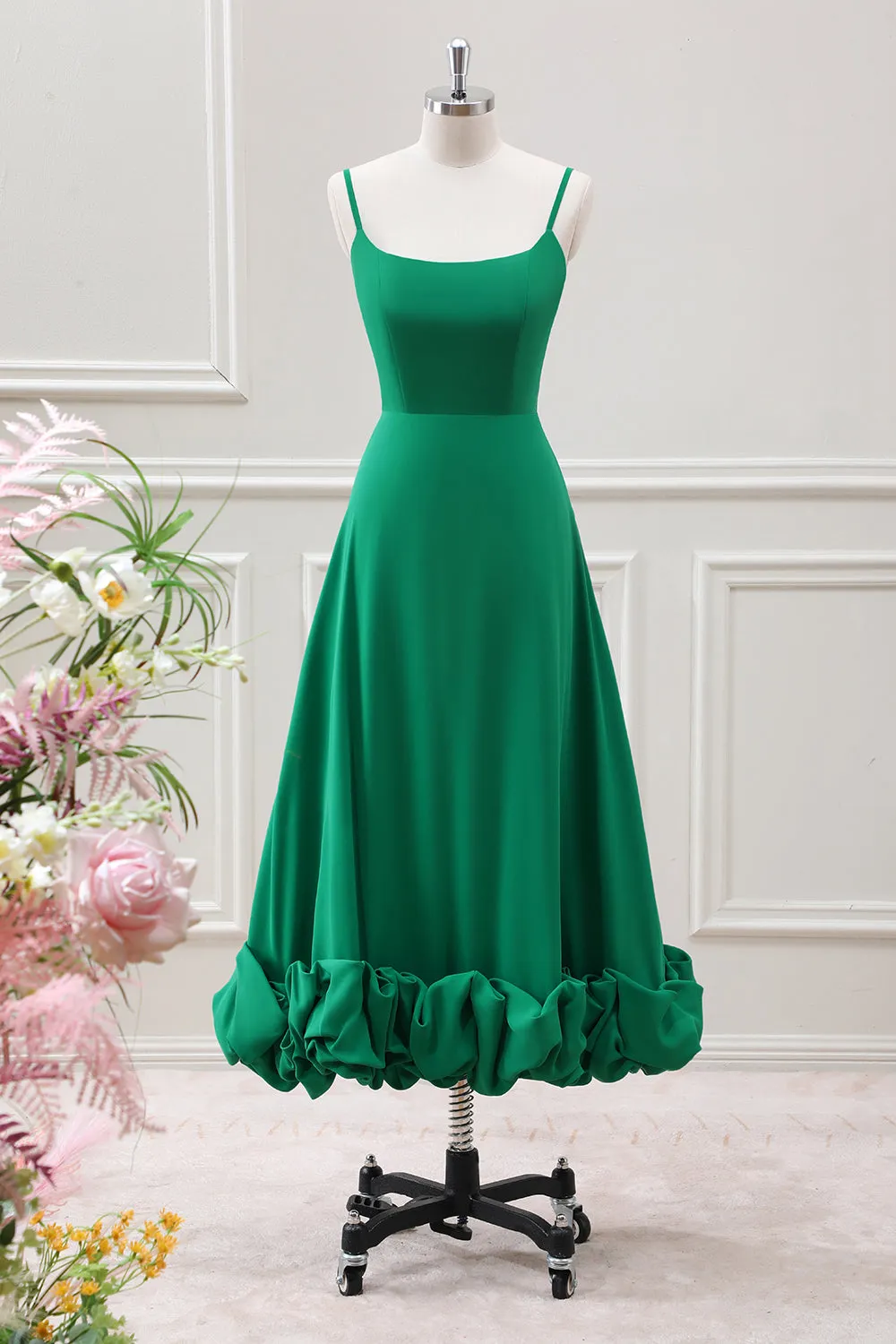 A Line Spaghetti Straps Green Tea Length Dress