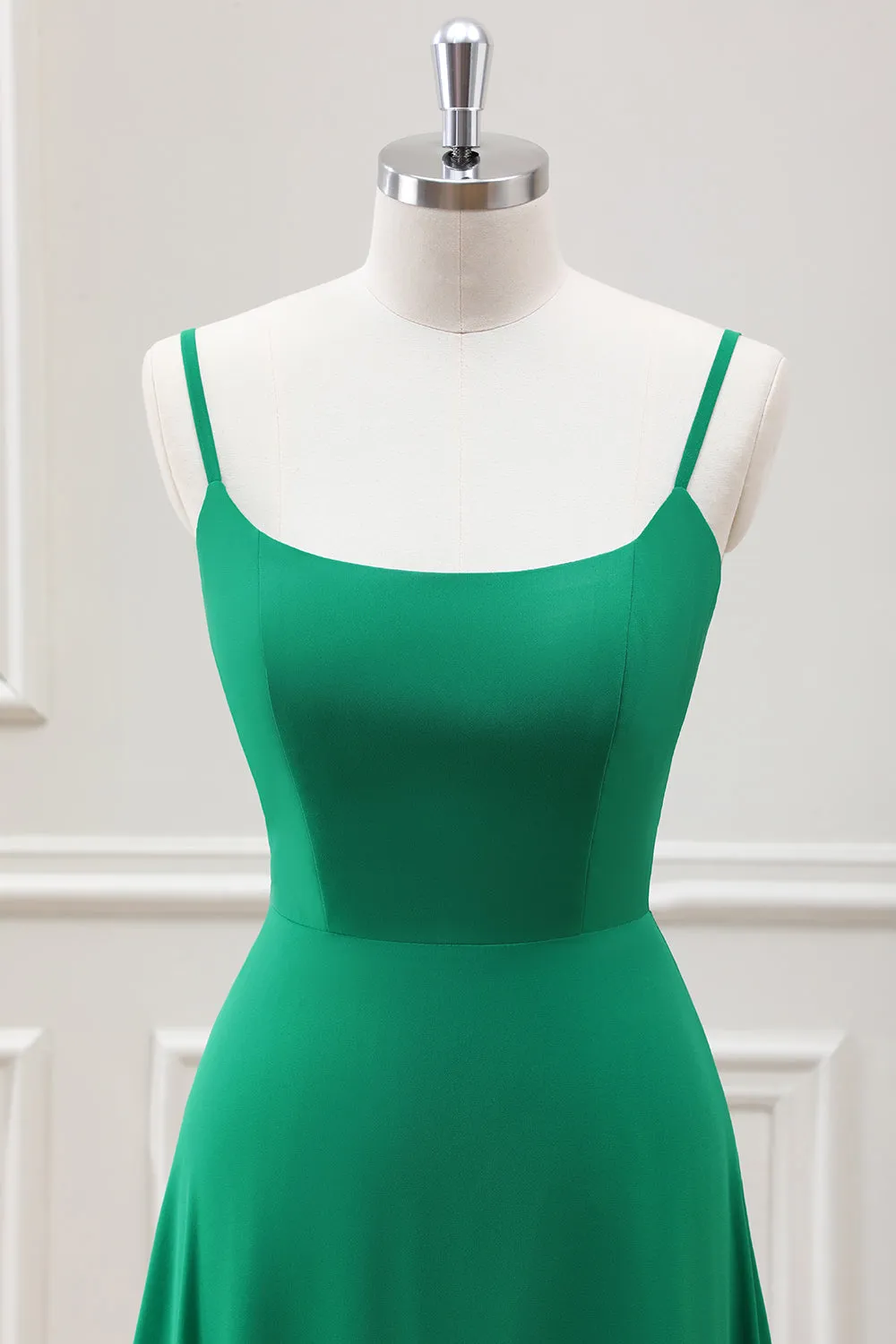 A Line Spaghetti Straps Green Tea Length Dress