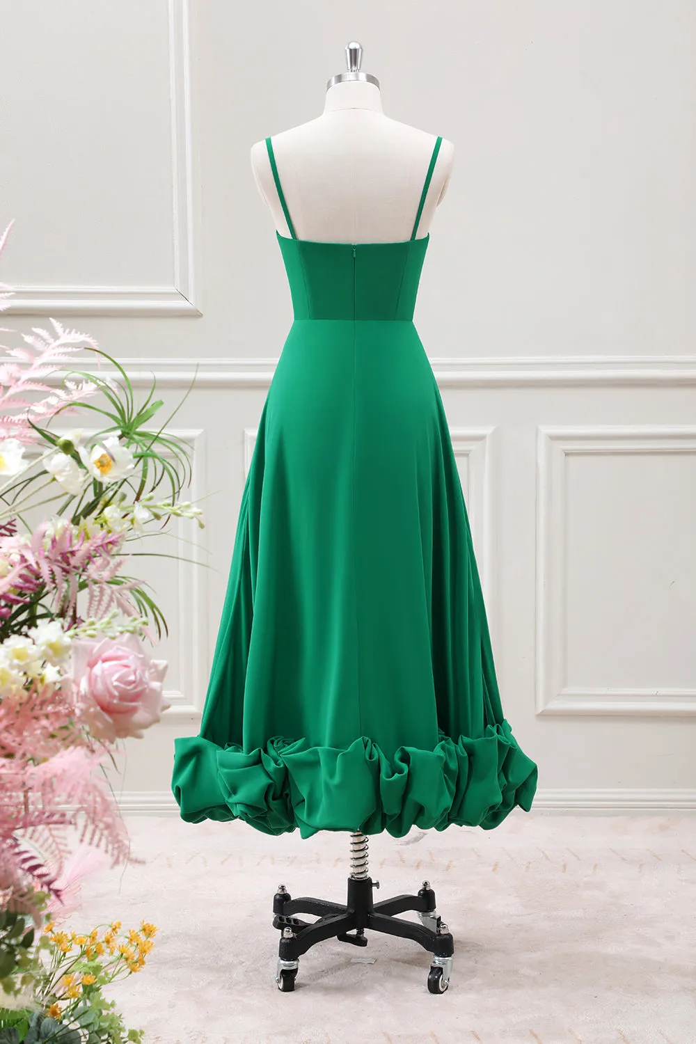 A Line Spaghetti Straps Green Tea Length Dress