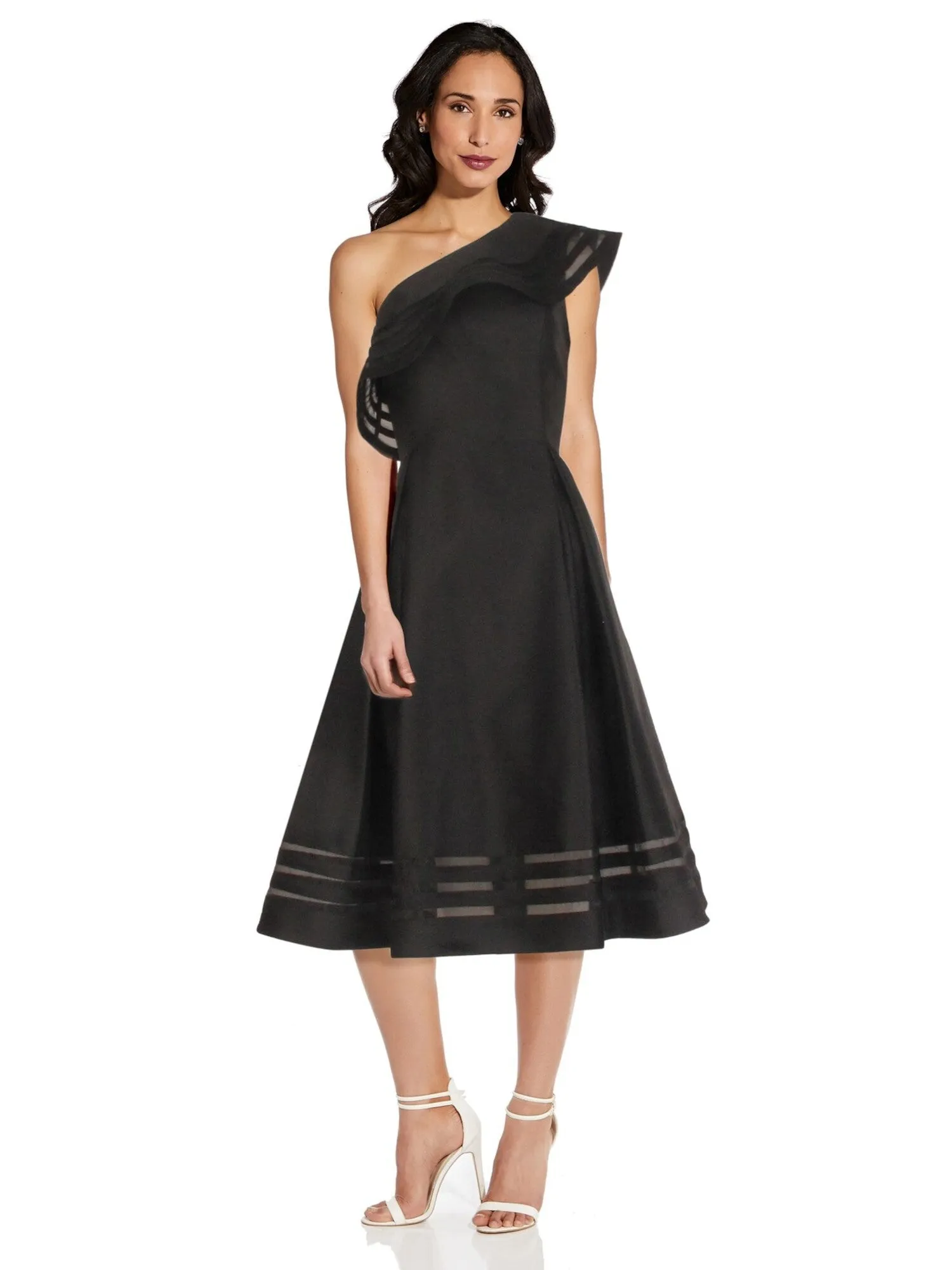 ADRIANNA PAPELL Womens Ruffled Striped Asymmetrical Neckline Midi Formal Fit   Flare Dress