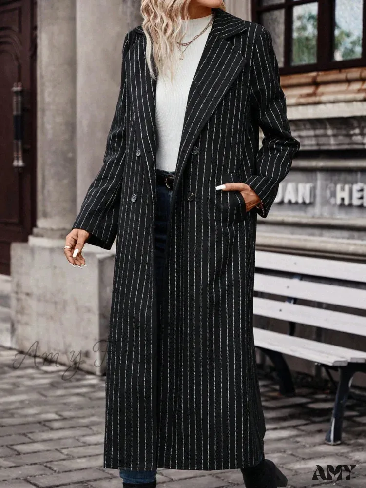 Amy Fashion - Striped Print Double Button Coat