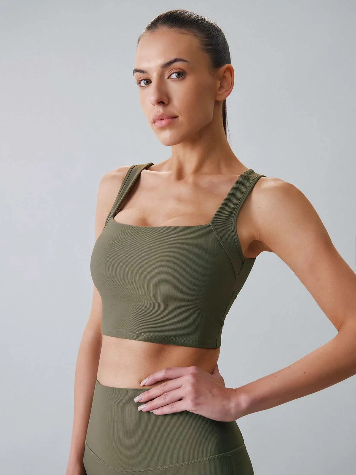 Army Green Square Neck Tank Top - Light Support