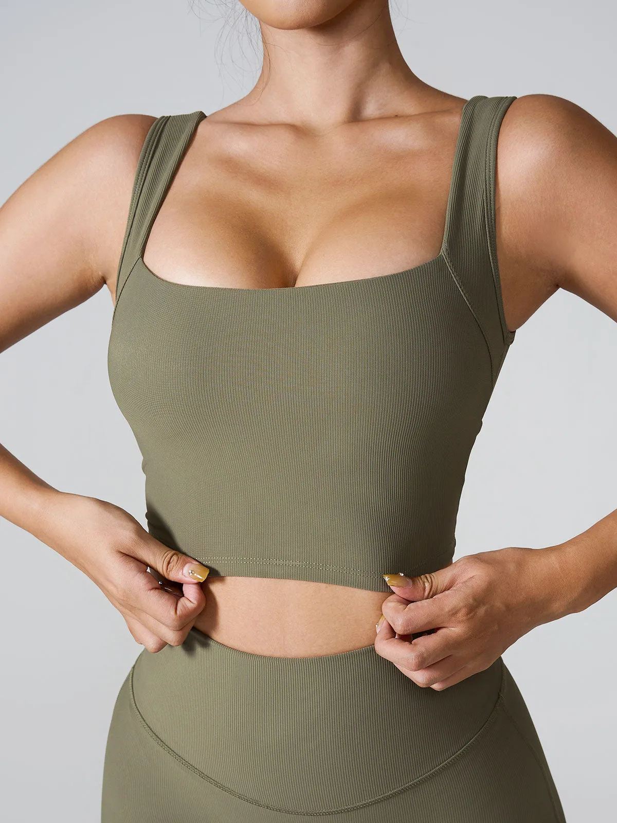 Army Green Square Neck Tank Top - Light Support