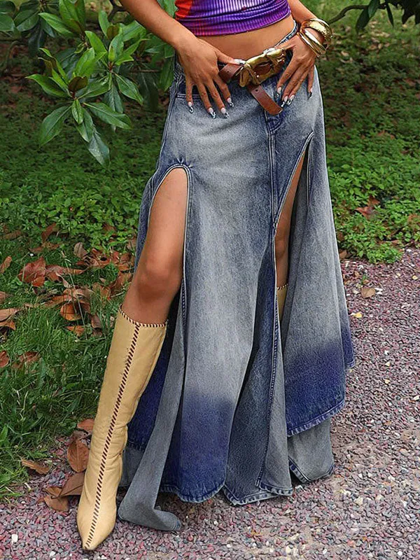 Asymmetric Hem High Slit Denim Maxi Skirt