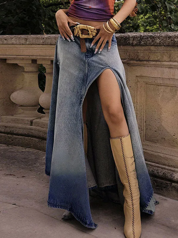 Asymmetric Hem High Slit Denim Maxi Skirt