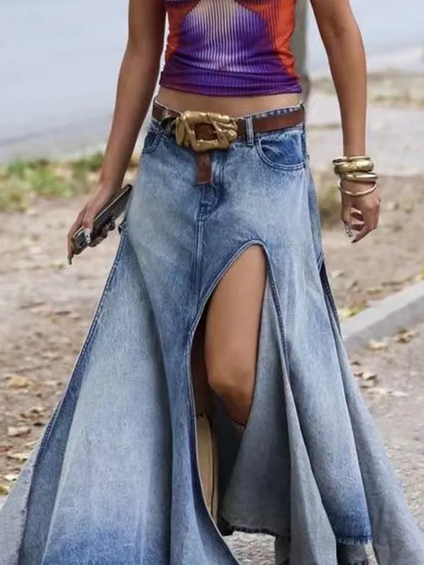 Asymmetric Hem High Slit Denim Maxi Skirt