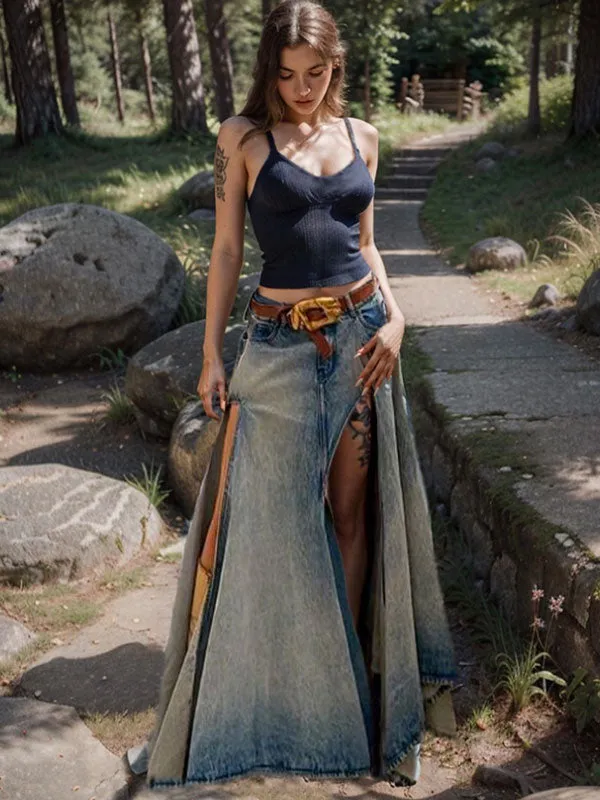 Asymmetric Hem High Slit Denim Maxi Skirt