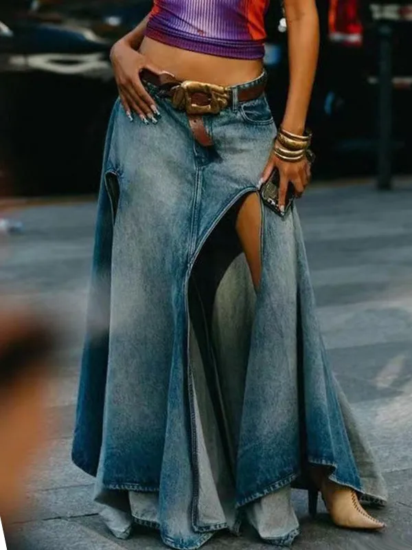 Asymmetric Hem High Slit Denim Maxi Skirt