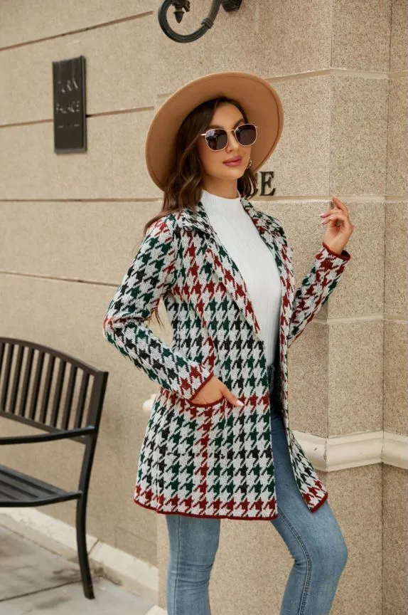 Autumn and Winter Contrast Houndstooth Coat