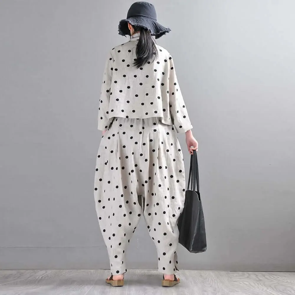 Autumn Retro Linen Polka Dot Suit with Bloomer Pants