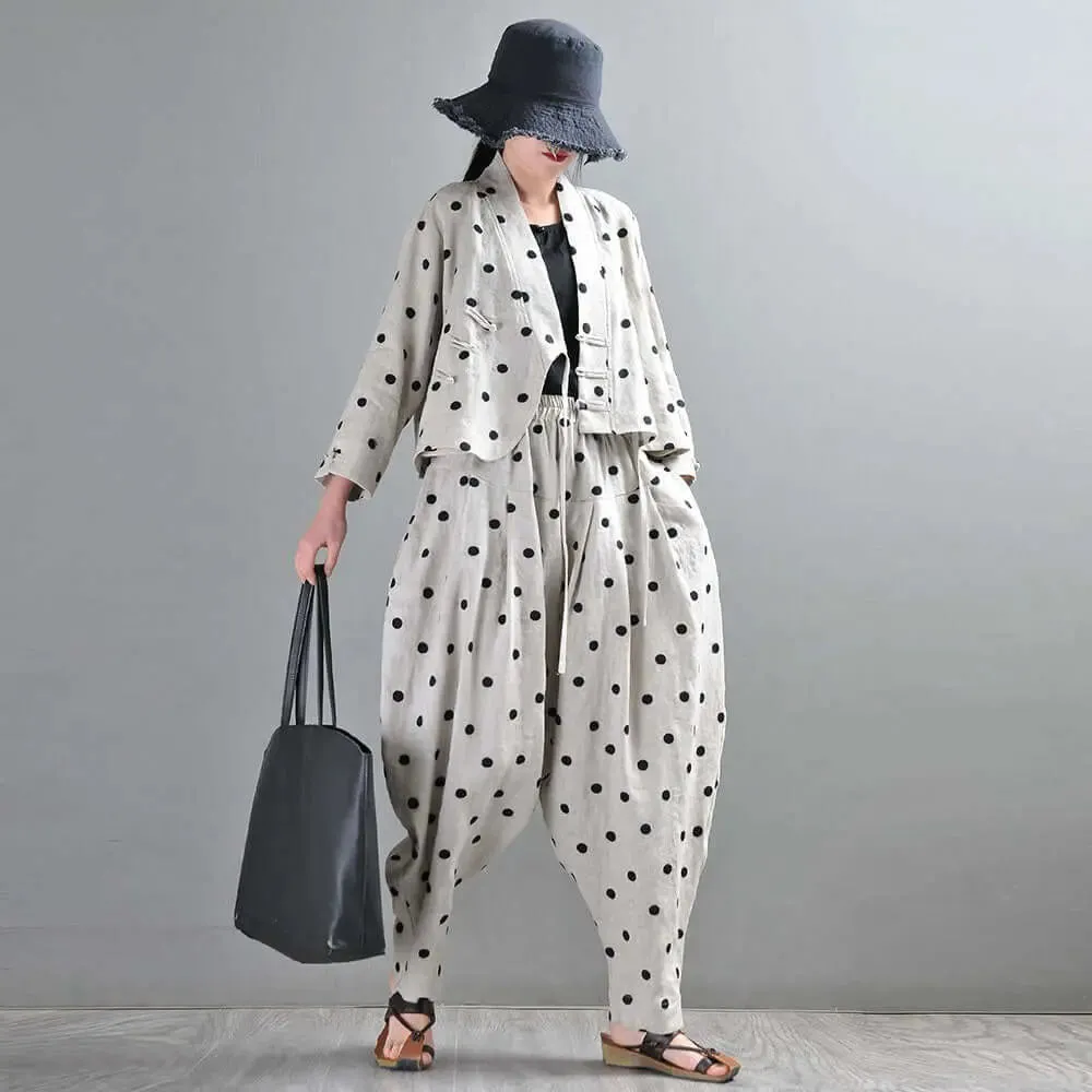 Autumn Retro Linen Polka Dot Suit with Bloomer Pants