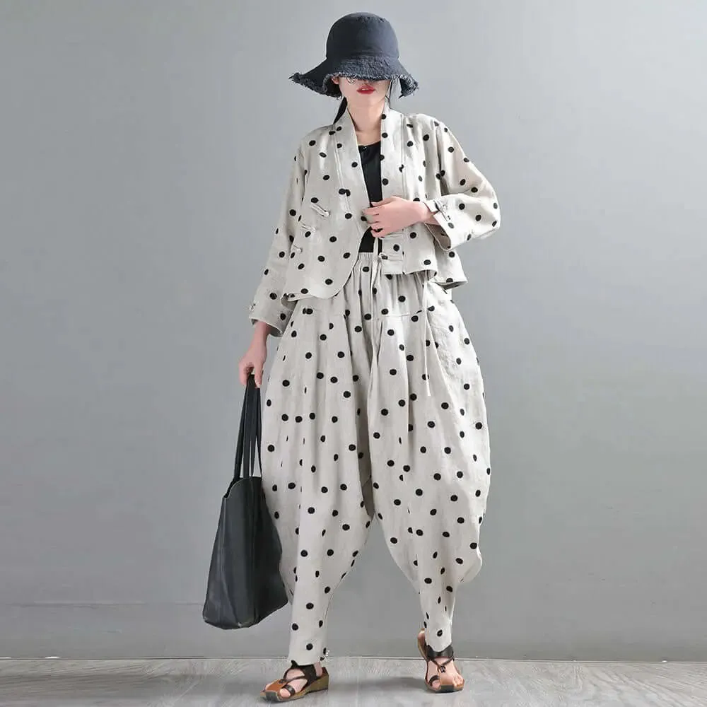 Autumn Retro Linen Polka Dot Suit with Bloomer Pants