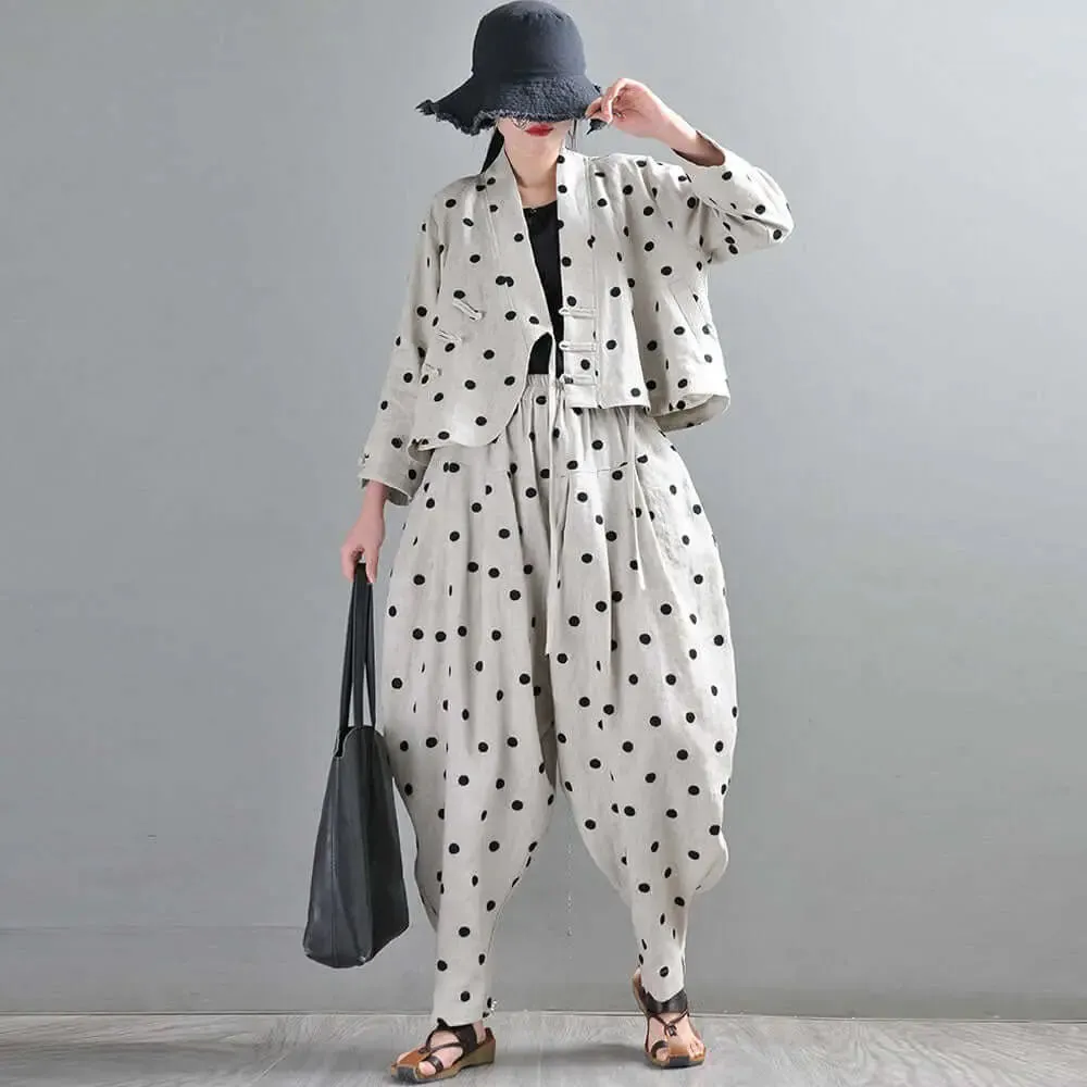 Autumn Retro Linen Polka Dot Suit with Bloomer Pants