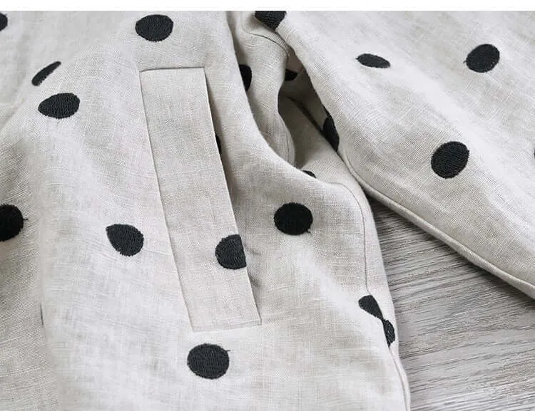 Autumn Retro Linen Polka Dot Suit with Bloomer Pants