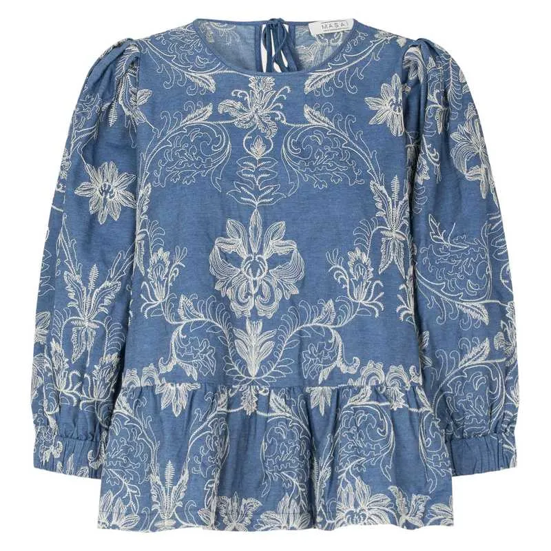 Basilia Blouse in Embroidered Blue Denim