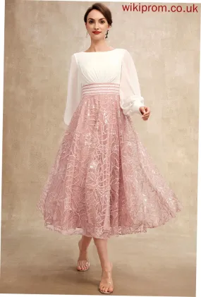 Beading With the Lace A-Line Alula Bride Chiffon Scoop of Mother Neck Mother of the Bride Dresses Tea-Length Dress