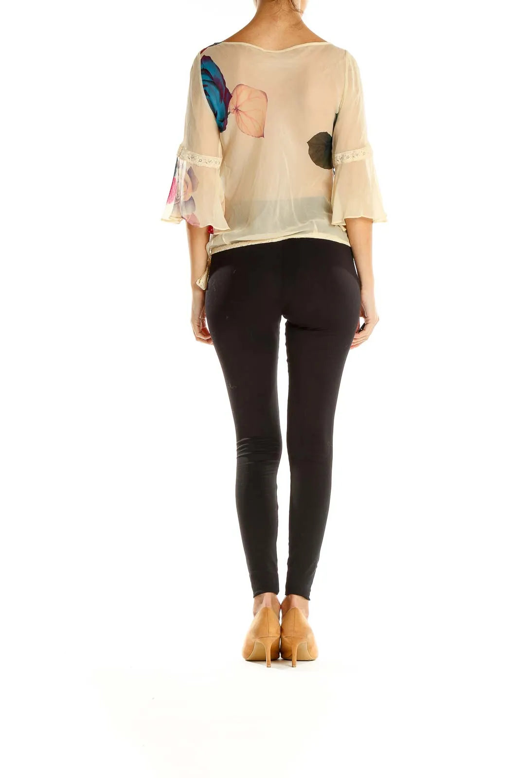 Beige Floral Print Retro Sheer Blouse With Lace Trim Detail