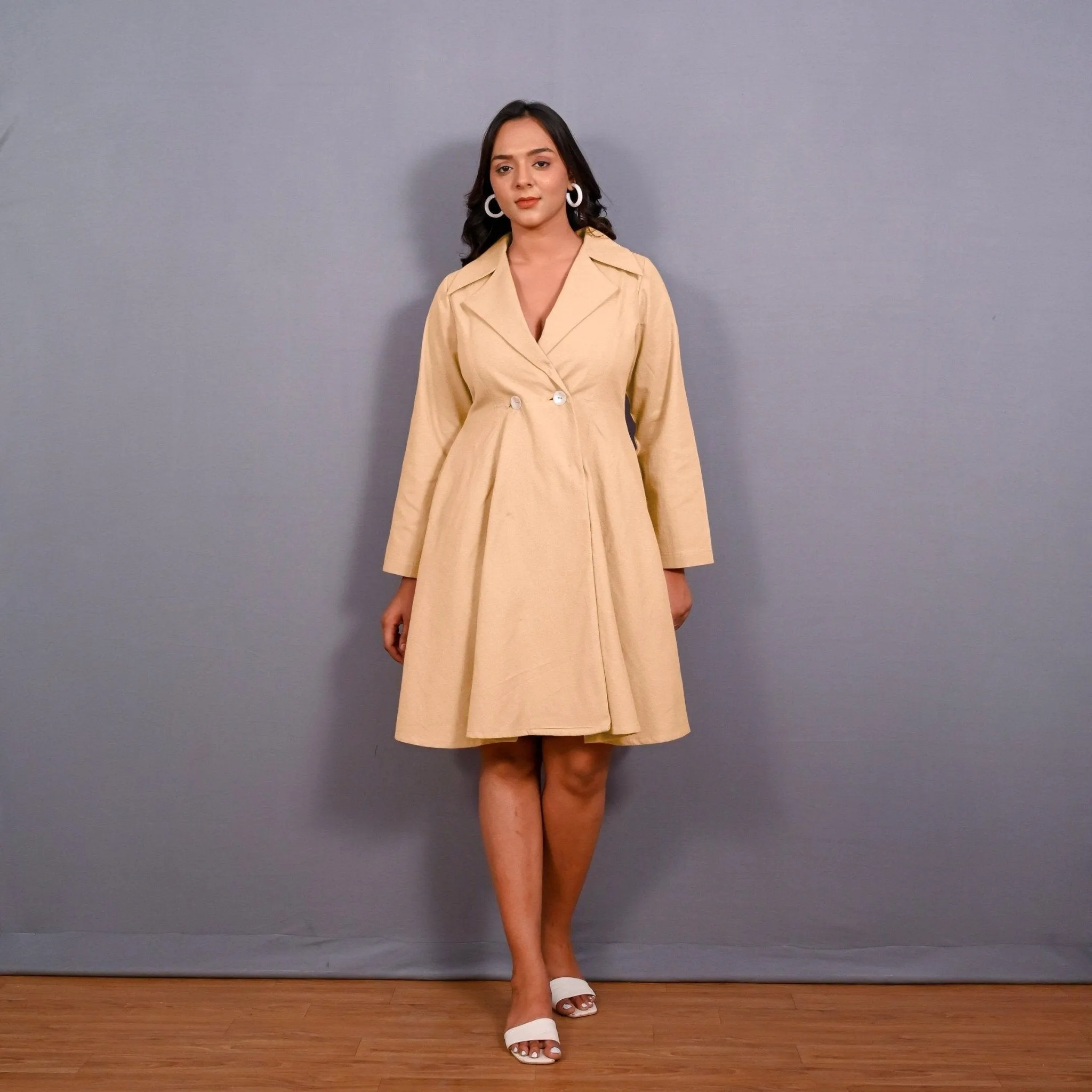 Beige Warm Cotton Flannel Fit and Flare Knee Length Blazer Dress