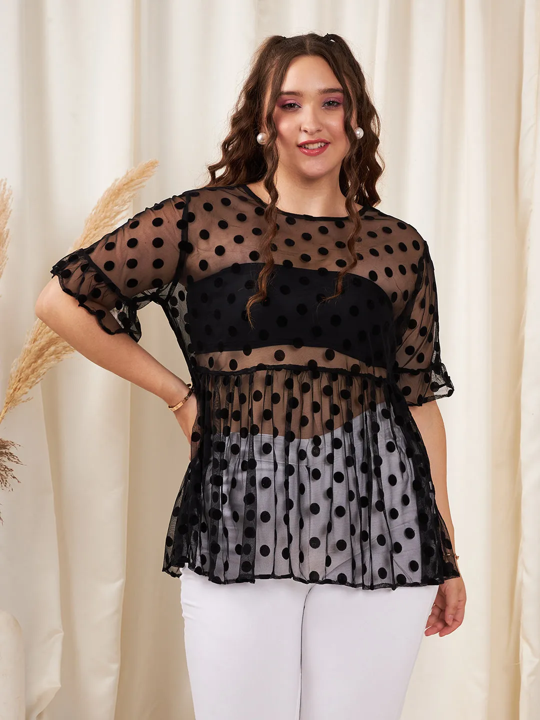 Berrylush Women Plus Size Black Polka Dot Pattern Round Neck Bell Sleeve Jacquard Sheer Ruffled Peplum Top