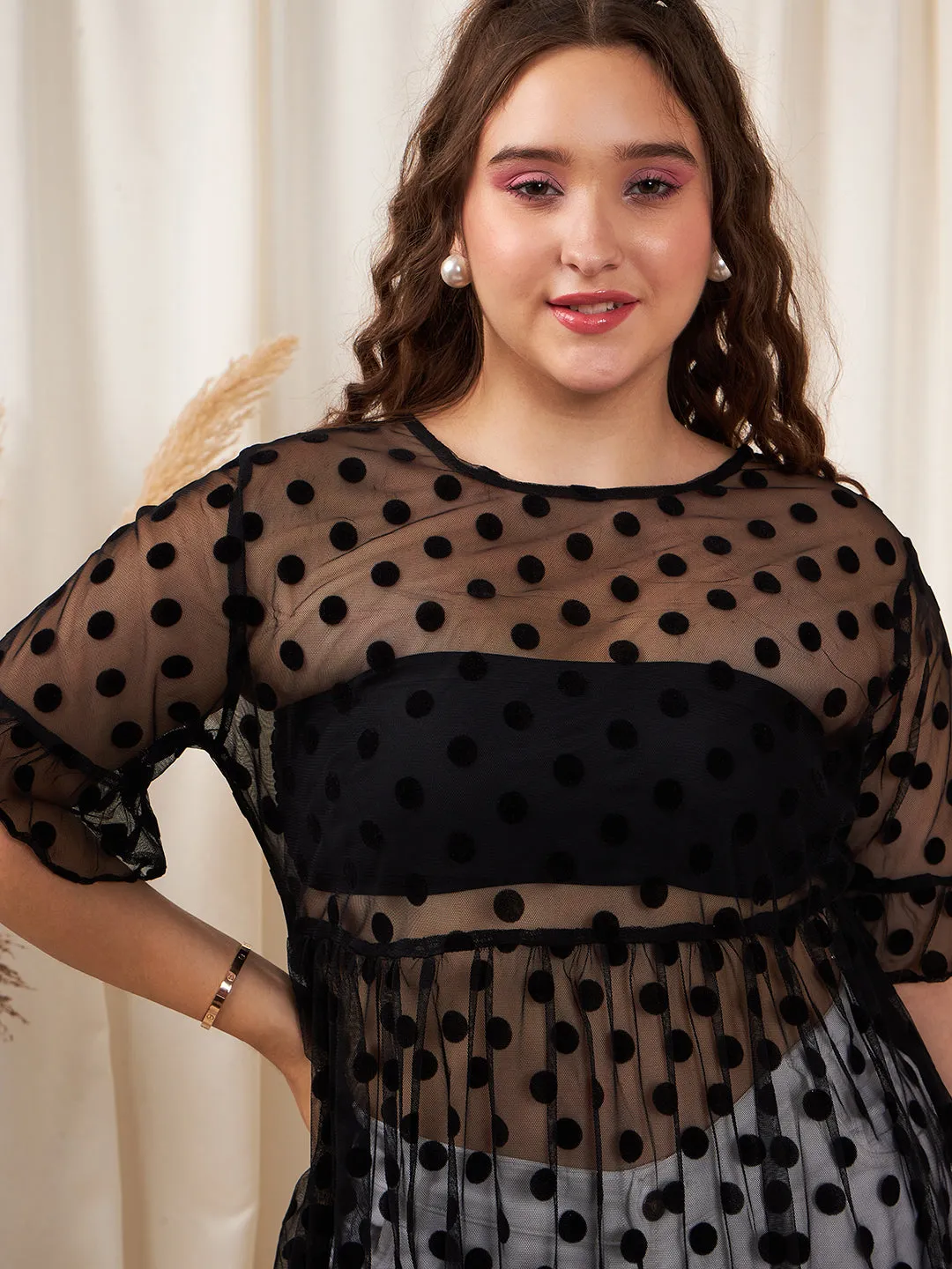 Berrylush Women Plus Size Black Polka Dot Pattern Round Neck Bell Sleeve Jacquard Sheer Ruffled Peplum Top