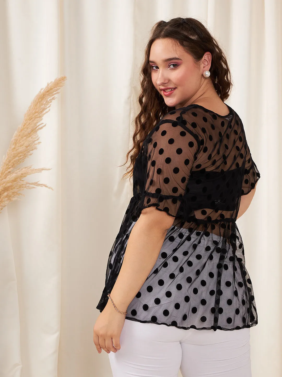 Berrylush Women Plus Size Black Polka Dot Pattern Round Neck Bell Sleeve Jacquard Sheer Ruffled Peplum Top