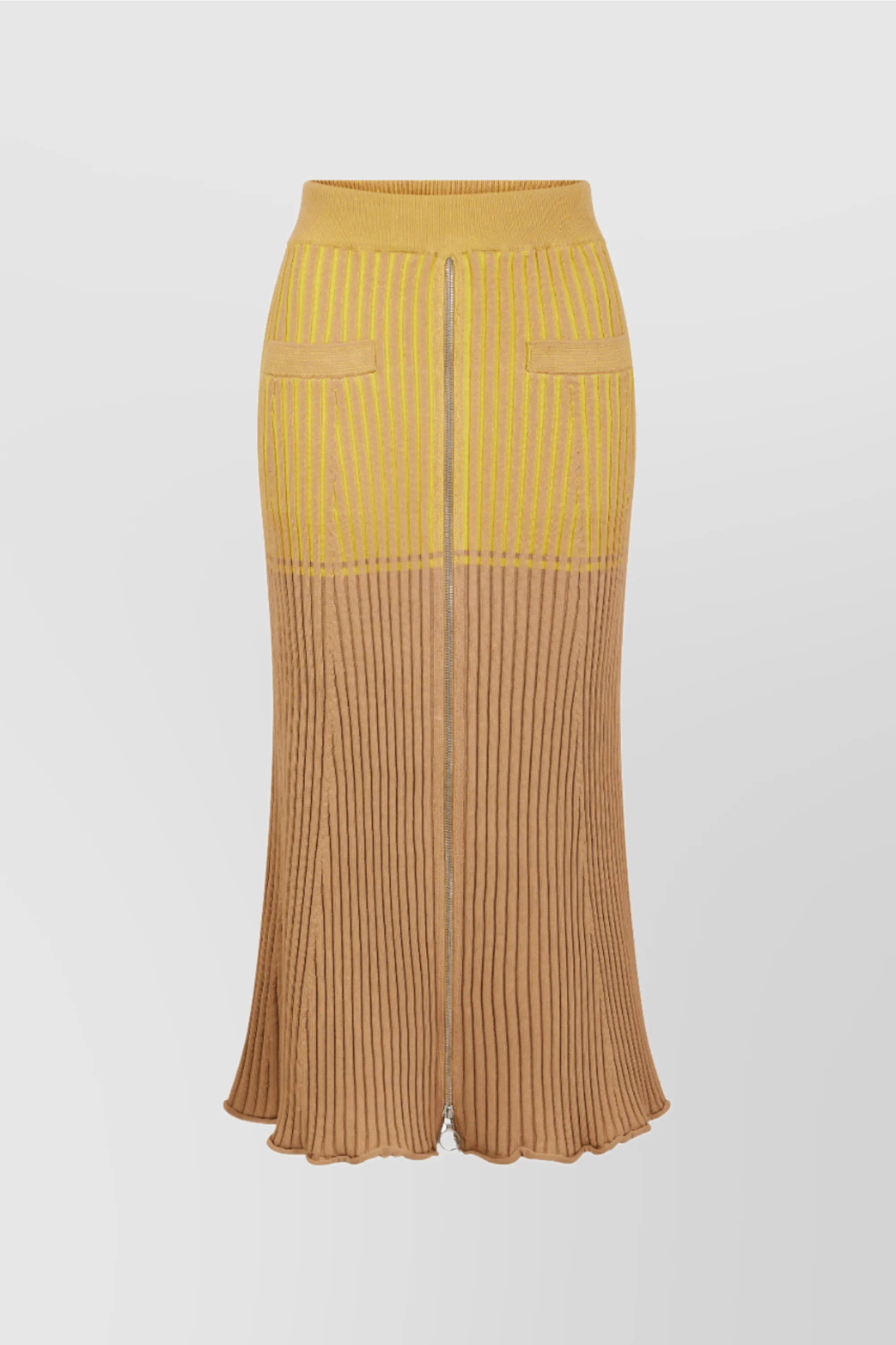 Bicolored ribbed knitted midi skirt