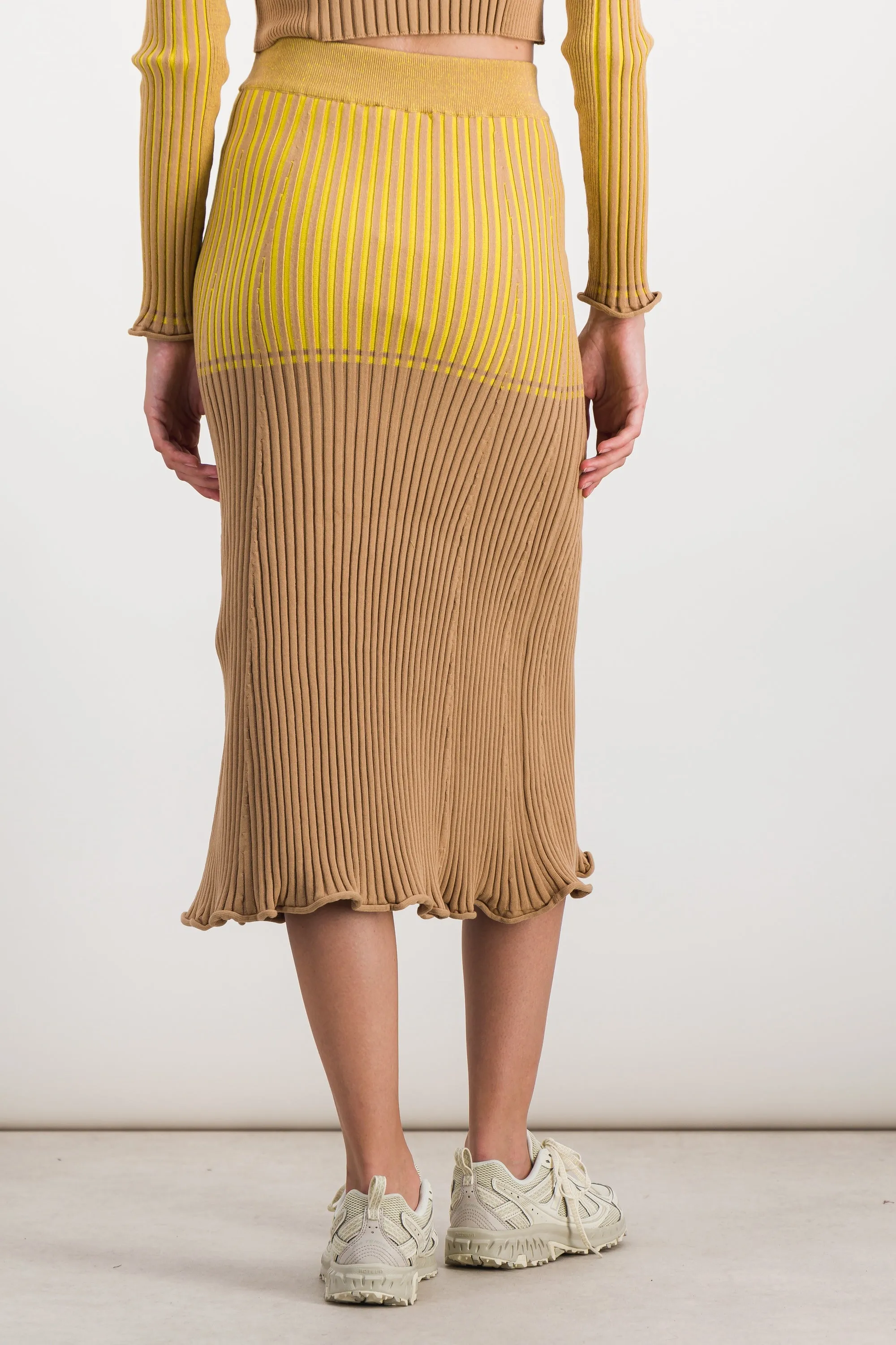 Bicolored ribbed knitted midi skirt