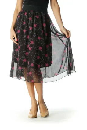 Black and Burgundy Rose Print Flared Skirt