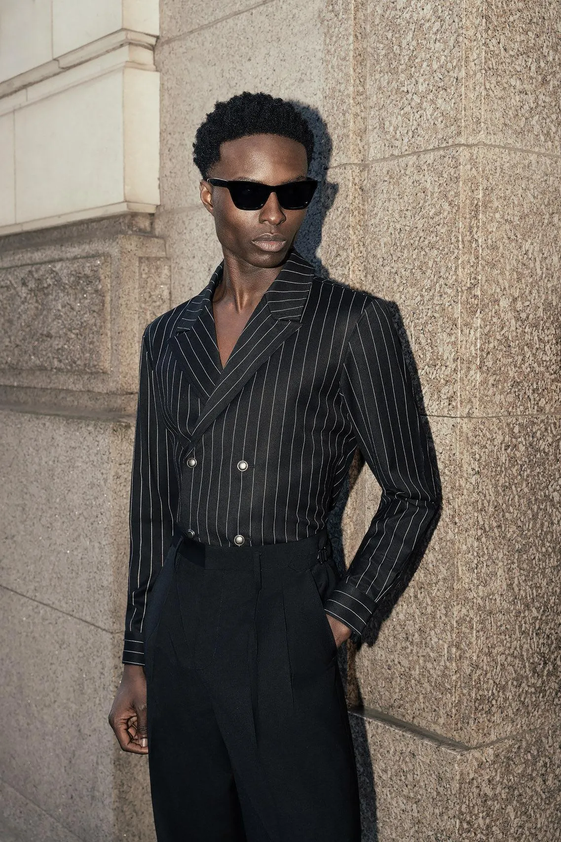 Black Double Breasted Pinstripe Shirt