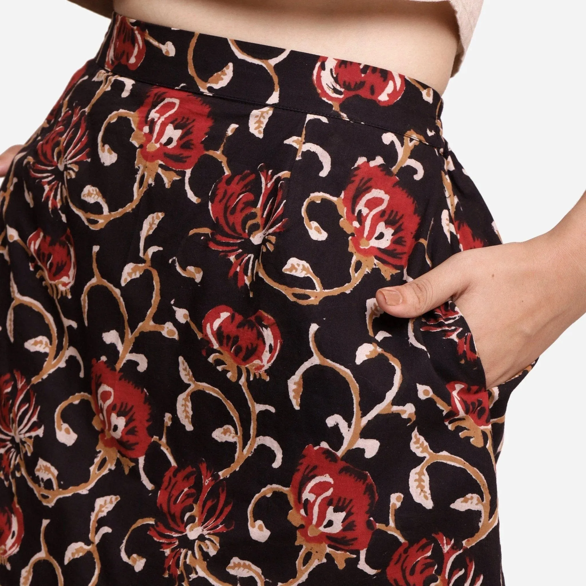 Black Floral Block Print Cotton Flared Skirt