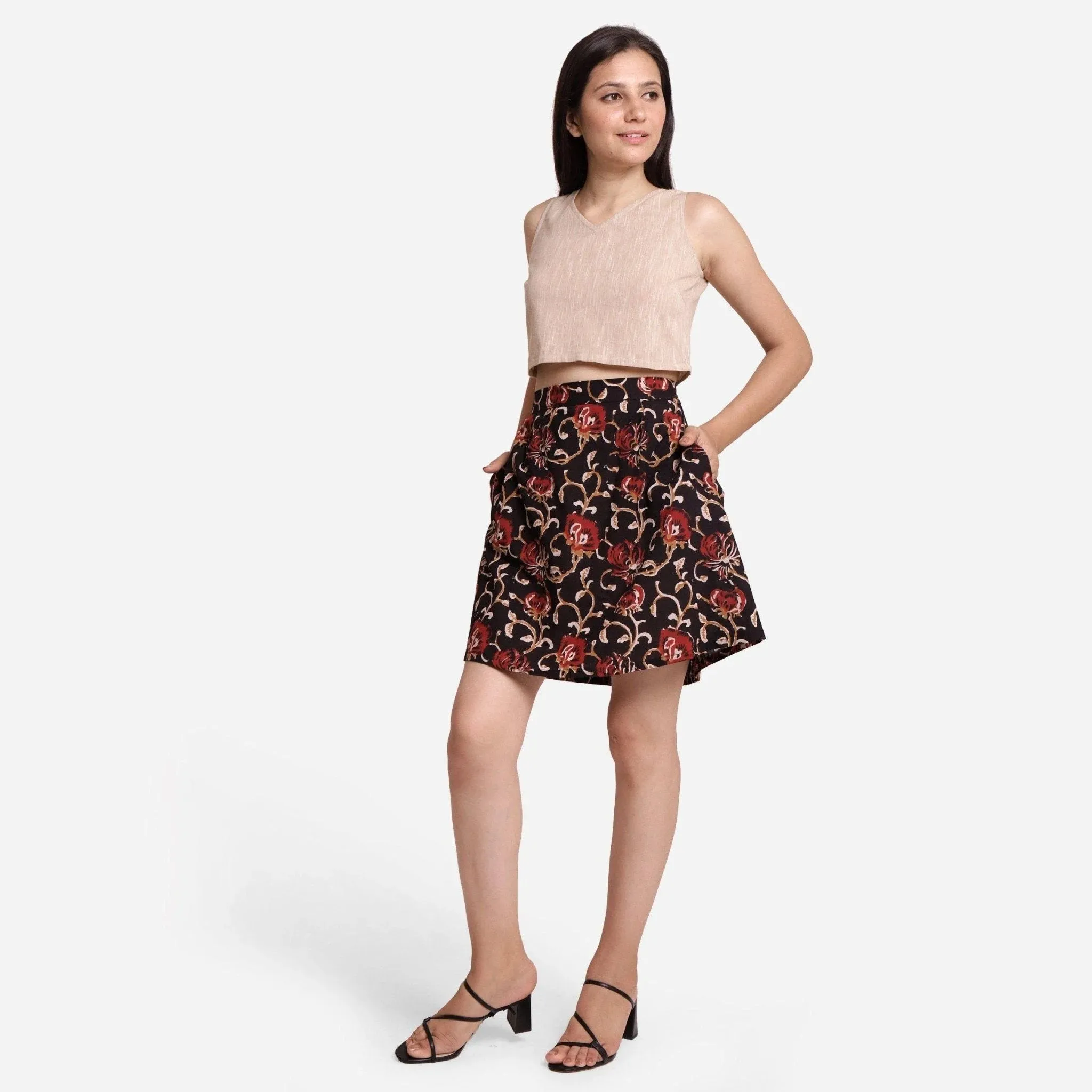 Black Floral Block Print Cotton Flared Skirt