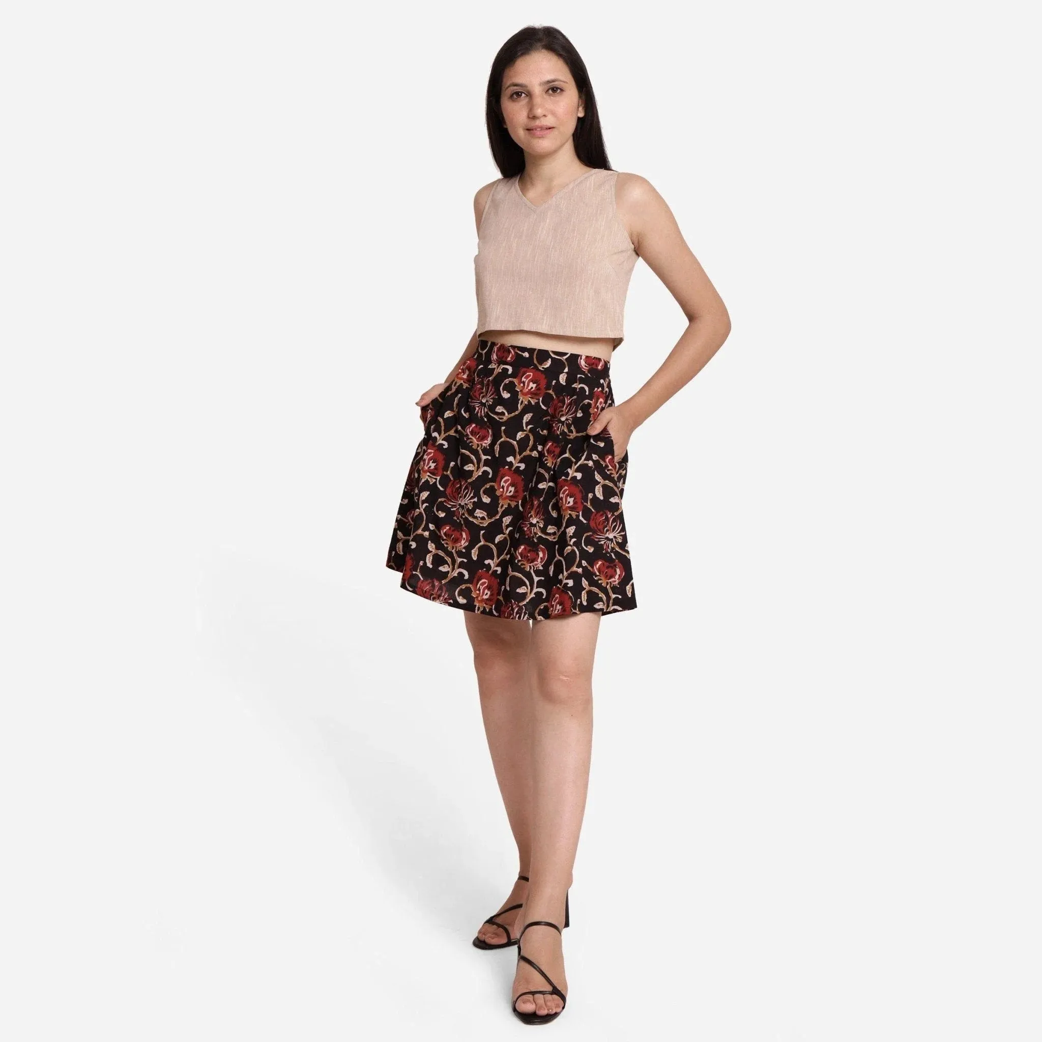 Black Floral Block Print Cotton Flared Skirt