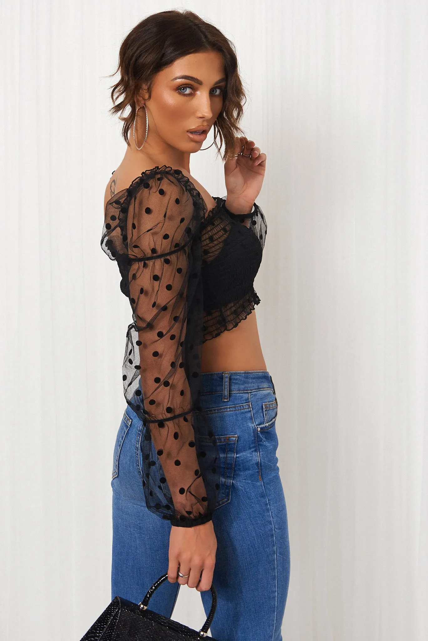 Black Polka Dot Puff Sleeve Crop Top