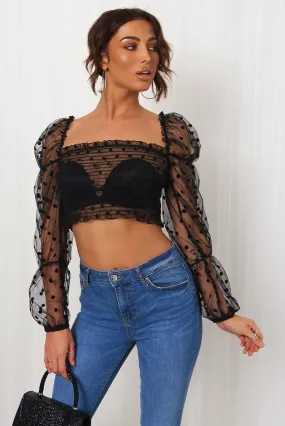 Black Polka Dot Puff Sleeve Crop Top