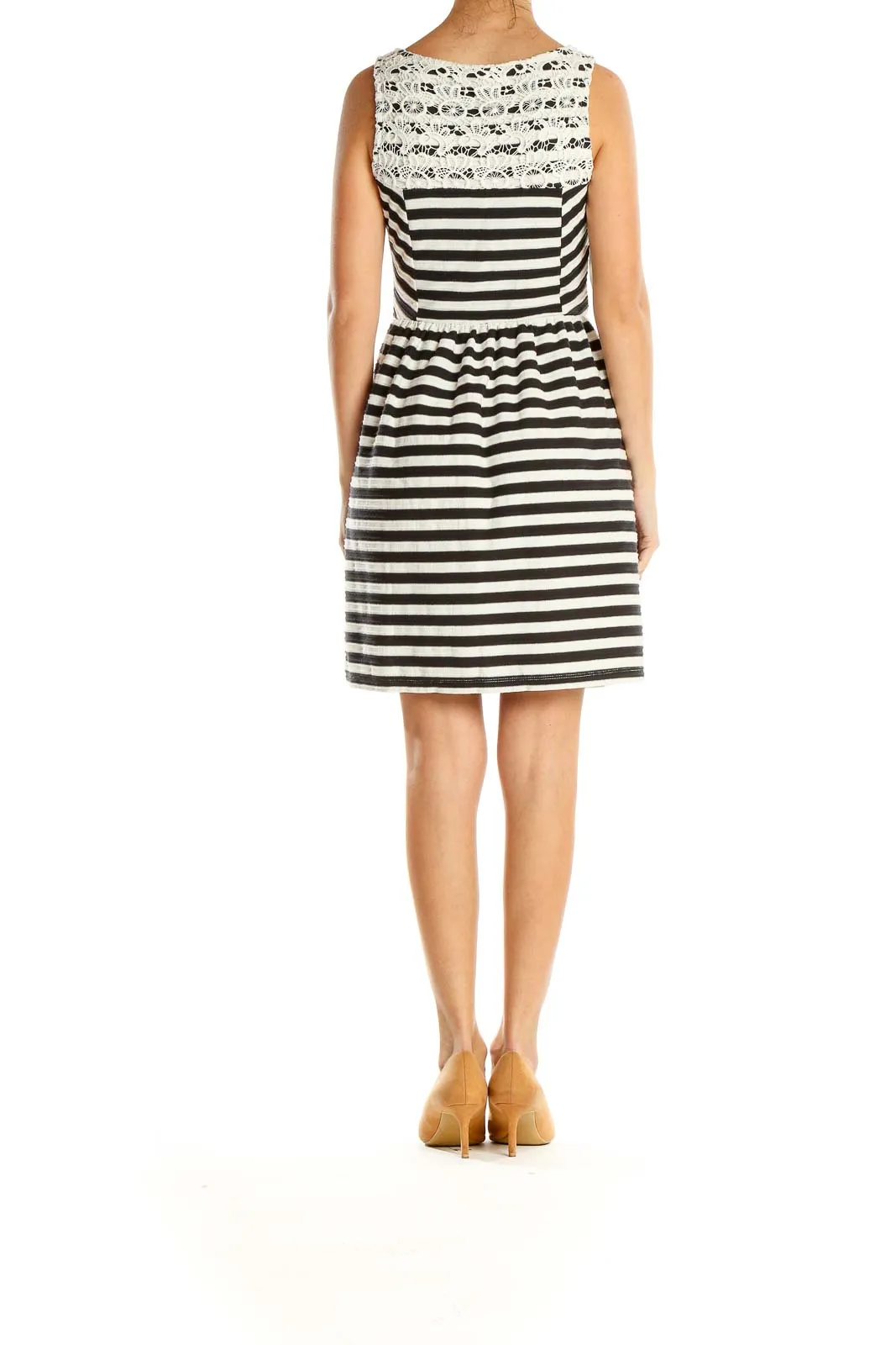 Black White Striped Fit & Flare Dress With Lace Neckline