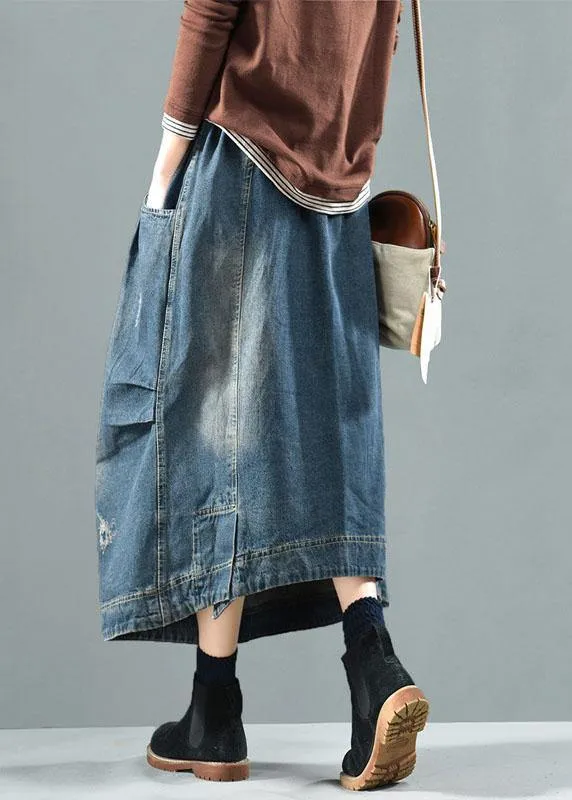 Blue-red flower Pockets Retro Patchwork Skirts Denim